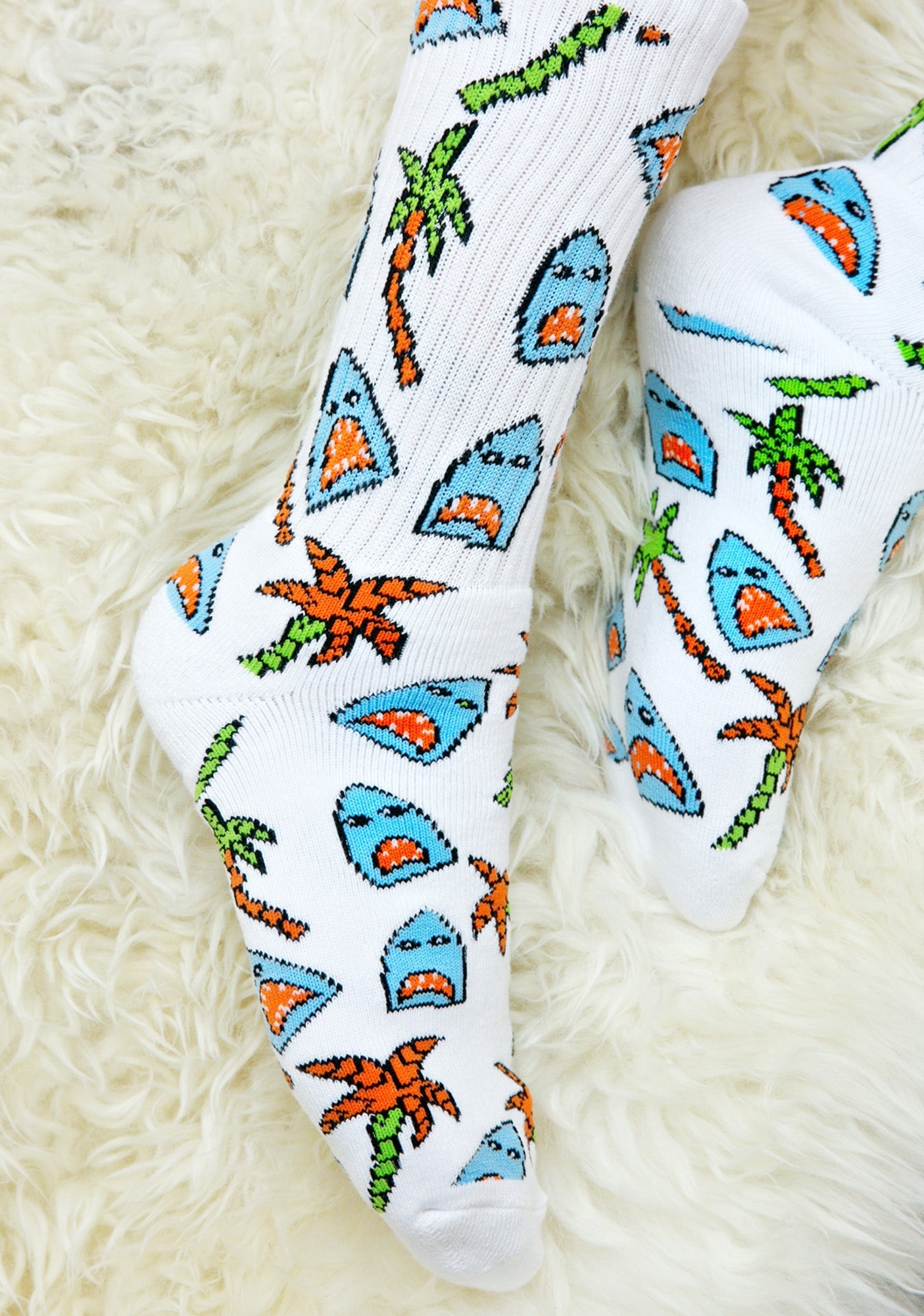 Anne Freeman Shark Attack Crew Socks - White