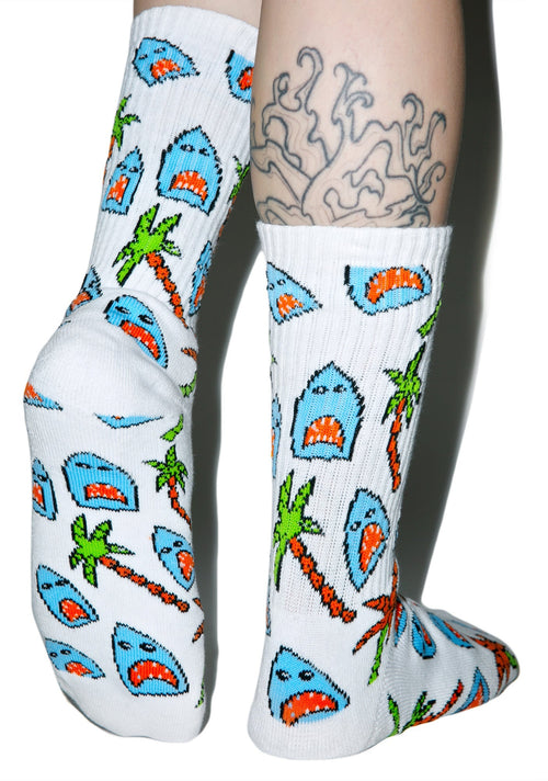 Anne Freeman Shark Attack Crew Socks - White