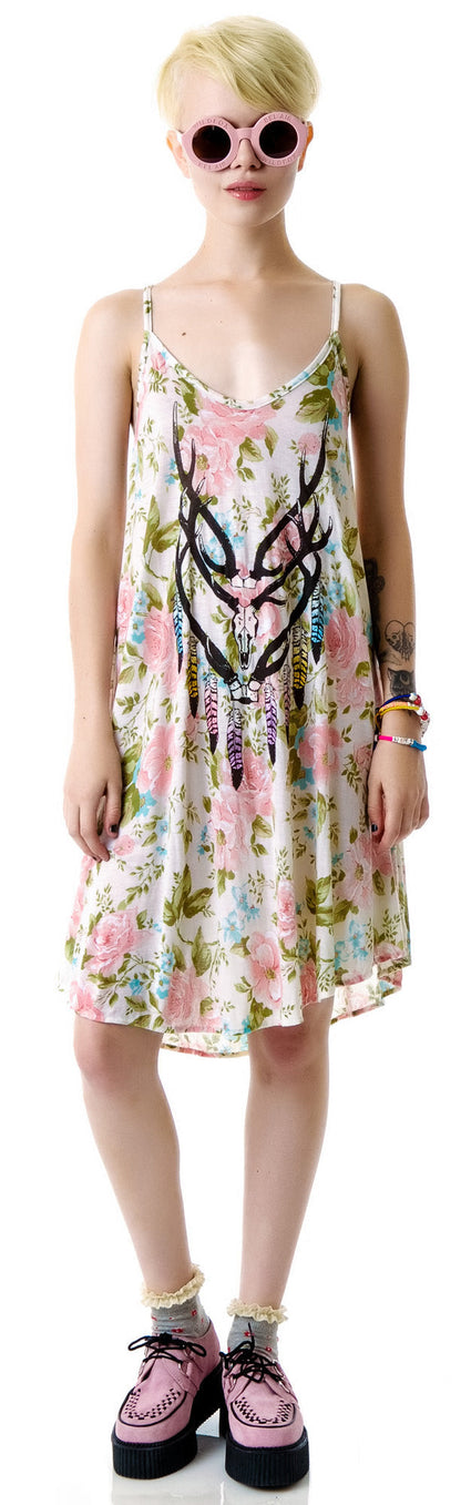 Antler Feathers Slip Dress - Off White