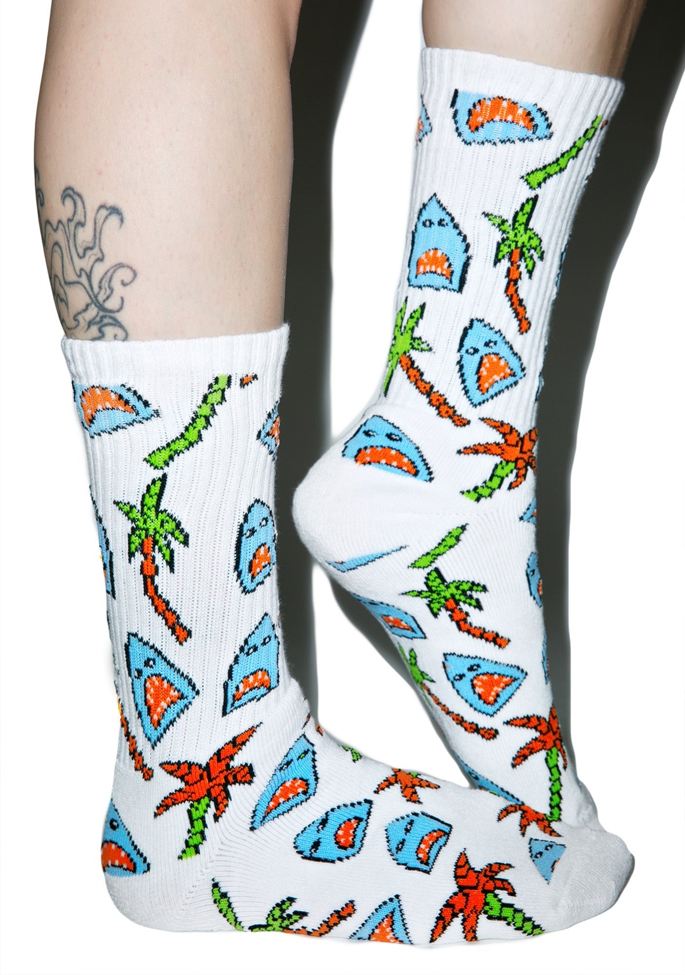 Anne Freeman Shark Attack Crew Socks - White